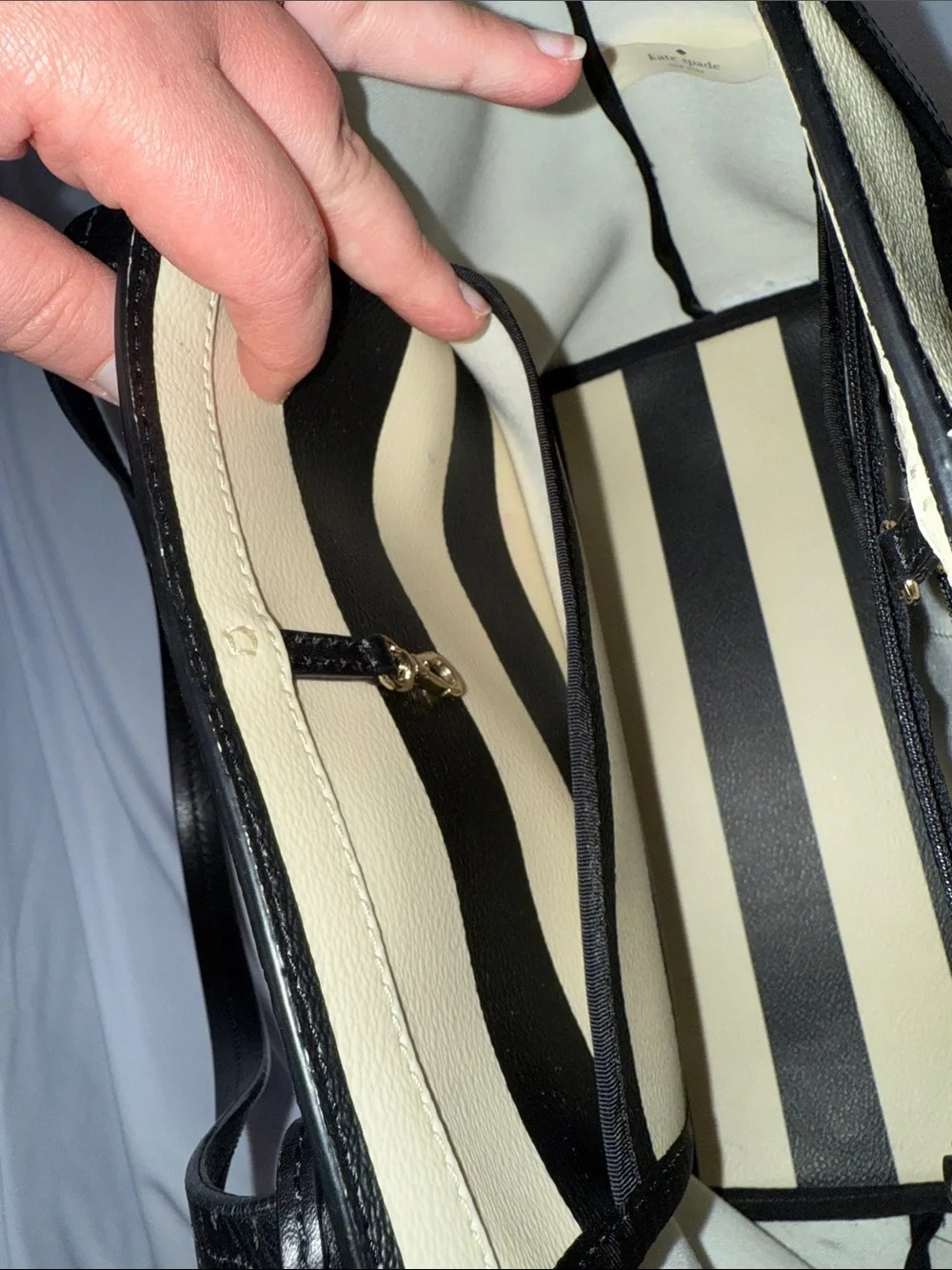 kate spade Black and White Striped Leather Tote with Bow Charm - Picture 7 of 8